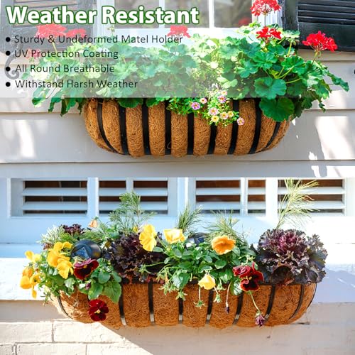 LCHUANG Railing Planter Window Box - 2 Pack 24 Inch Deck Balcony Rail Planter with Coconut Coir Liner, Fence Metal Hanging Flower Planter Basket Deck Railing Planter Boxes for Outdoor Garden