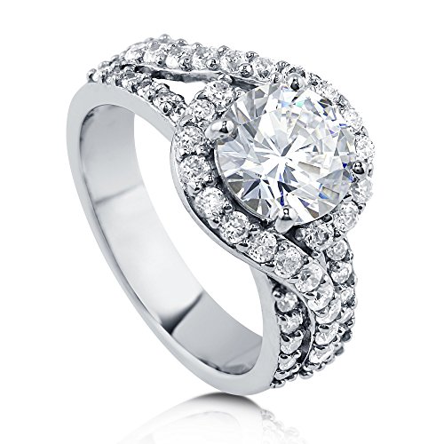 BERRICLE Rhodium Plated Sterling Silver Round Cubic Zirconia CZ Halo Wedding Engagement Ring 2.9 CTW Size 7