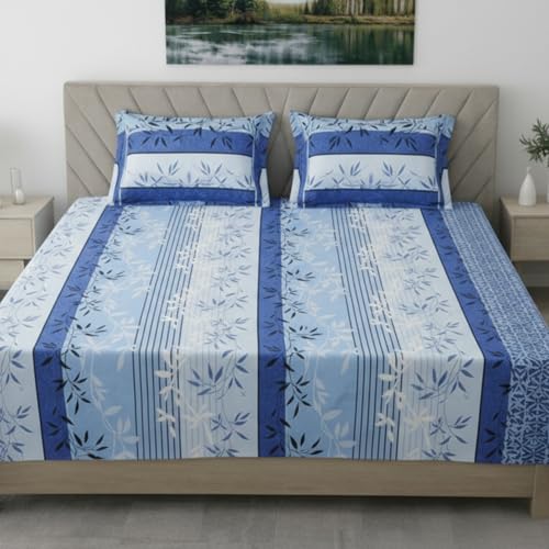 Image of Mafatlal 186 TC Grandious King Size Cotton Bedsheet | 108 x 108 Inches | Breathable Lightweight Summer Bed Sheet with 2 Pillow Covers | Fade Resistant | Strong Blue