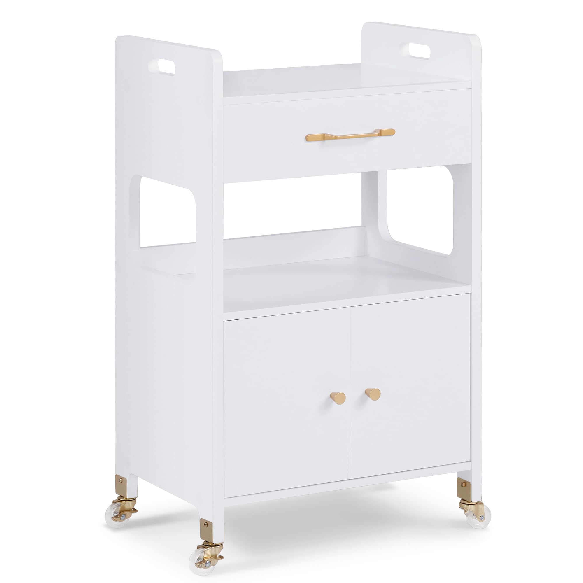 M MCombo Chariot de service avec roues et tiroirs, chariot de coiffure blanc, avec 2 étagères, trolley de salon pour salle de bain, salon, 0055-N