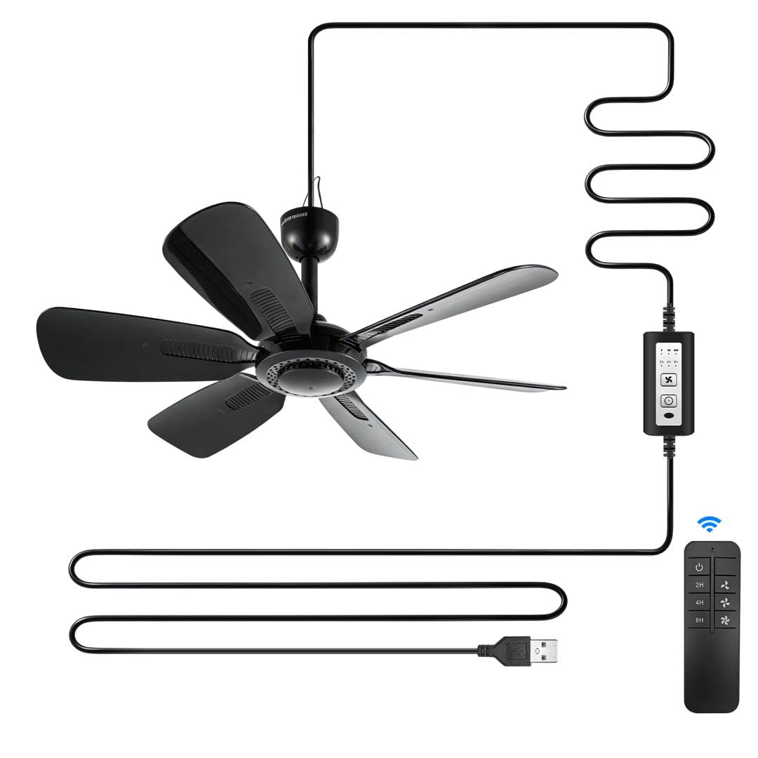 45 cm Tragbarer Deckenventilator mit Fernbedienung und Timer, 3 Geschwindigkeiten, USB-Anschluss, 5V DC-Betrieb, 6 Flügel, für Innen/Außen, Wohnmobil, Camping, Zelt, Vordach, Pavillon
