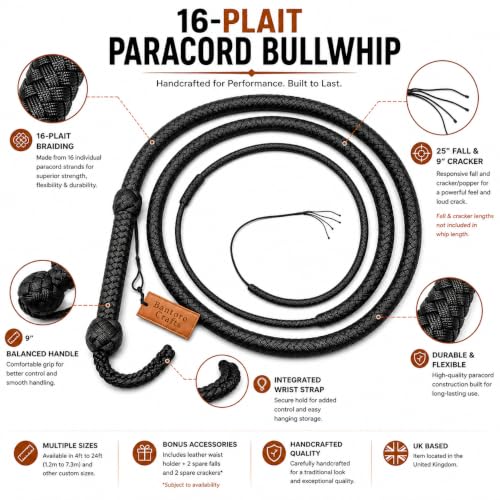 Bantoro Crafts Noir Fouet en Paracorde/Nylon, 16 brins de Tresses, Ventre en Cuir tressé et traversin en Cuir à l'intérieur du Fouet à craquement Fort (4 Pieds (1,21 Mètre)) – vue 3