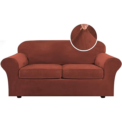 H.VERSAILTEX Real Velvet Plush 3 Piece Stretch Sofa Covers Couch Covers for 2 Cushion Couch Sofa Slipcovers (Base Cover Plus 2 Large Cushion Covers) Thick Soft Stay in Place (Large Sofa, Rust