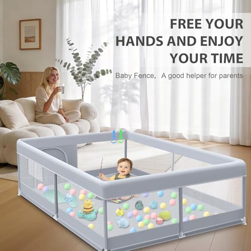 Image of XVISHX Baby Playpen 50 x 50 Inch Play Pen Playards, Playpen for Babies and Toddlers, Baby Playard for Indoor & Outdoor Active Center Game Fence, with Skin-Friendly Fabric and Soft Breathable Mesh Grey