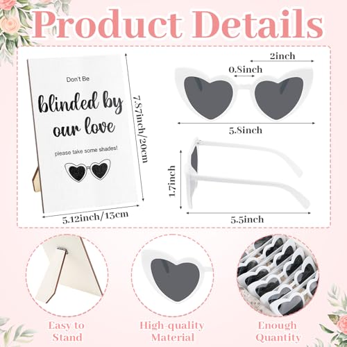 51 Pairs White Heart Shaped Sunglasses Bulk Set, 50 Wedding Sunglasses for Guests and 1 Wooden Signboard, Bridesmaid Sunglasses for Wedding Reception and Bachelorette Favors2