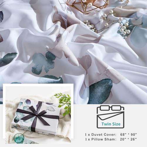 MILDLY 100% Long-Staple Cotton Duvet Cover Set Teal Blue Green Leaf Pattern Printed Comforter Cover 2pcs, Ultra Soft & Breathable Bedding Set