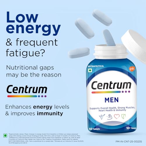 Image of Centrum Men - Multivitamin Tablet for Men | With 23 Vital Nutrients including Zinc, Magnesium, Vitamin B, C, D, Calcium for Energy, Immunity, Muscles and Overall Health | Veg - 50 tablets