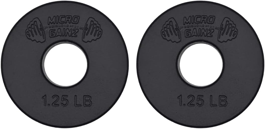 Micro Gainz Standard 1-Inch Center Hole Weight Plates, Set of 2 Black Fractional Plates Choose Set (.25LB-1.25LB), Designed for Standard 1-inch Barbells & Dumbbells, Made In USA (1.25 lb)