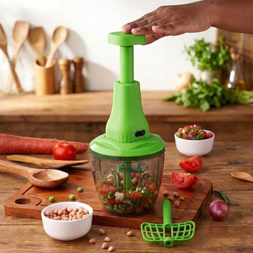 Image of Chopper for Kitchen Use | 1100 ml Round Push Chopper with 5 Blades and Whisker | Chopping Vegetables & Fruits, Onion, Ginger, Garlic, Salad, Tomato, Potato (Green)
