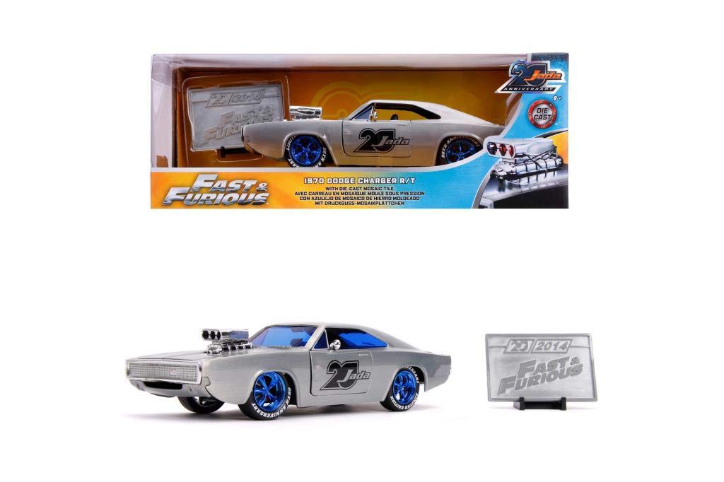 Dickie Toys 253745017 1970 Dodge Charger, Wave 5, Die-Cast con Ruota Libera, Jada Toys 20 Anni, Argento Metallizzato Spazzolato