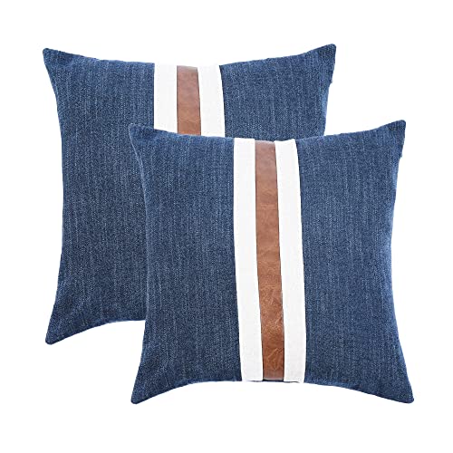 Boysum Set Of 2 Leather Throw Pillow Covers Outdoor Decor Beige Patchwork Linen Brown Faux Leather Pillows Cover For Couch Sofa, Navy Blue 18X18 Inch #TOP5