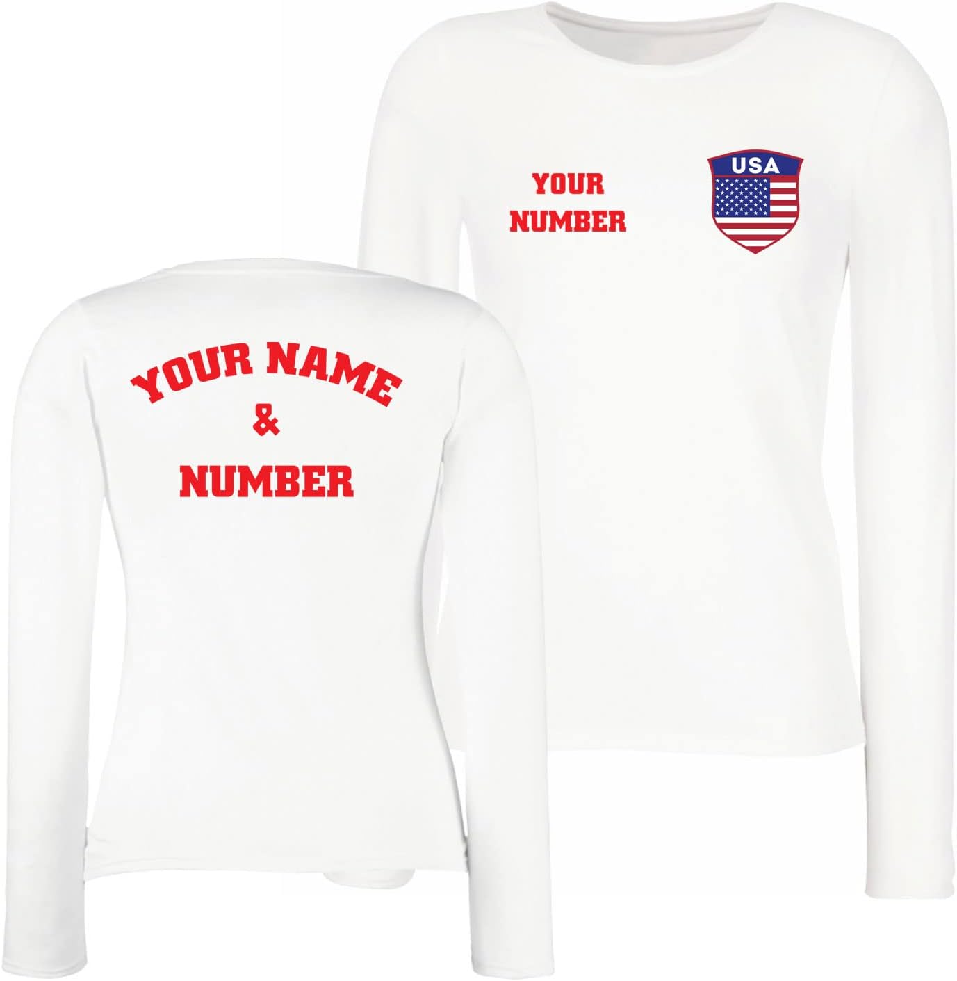 Personalised Women's USA 2026 Football T-Shirt Long Sleeve | Custom Name and Number | USA Flag Design