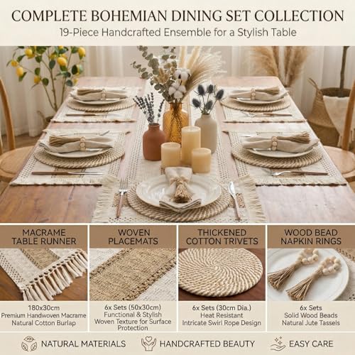 Set de manteles individuales boho con camino de mesa y anillos de servilleta miniatura 6