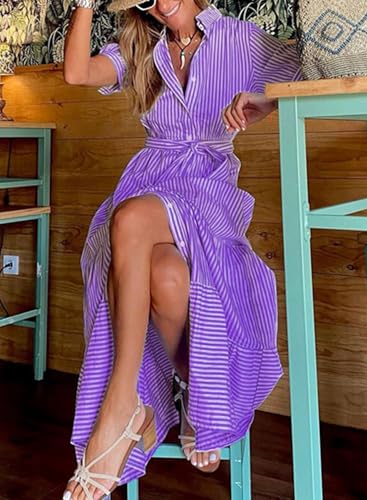 Image of Women Summer Striped Maxi Long Button Down Short Sleeve Tie Waist Tiered Casual Dress