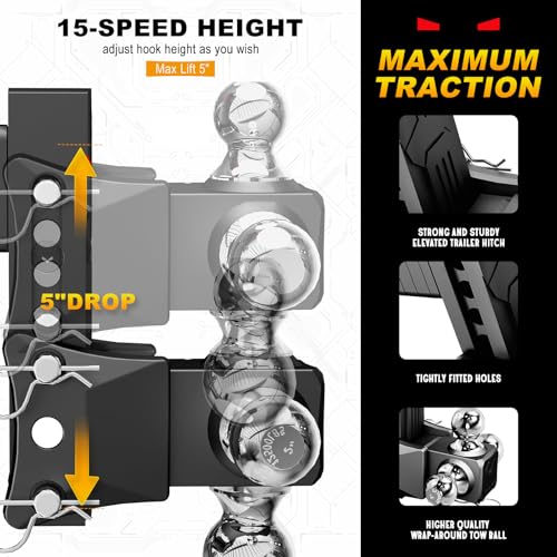 Airbird Adjustable Trailer Hitch Ball Mount,2.5Inch Hitch Receiver Only,5-Inch Drop/Rise Heavy Duty Tow Hitches (18,000 LBS GTW),Concealable Ball Moun