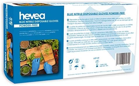 Hevea - Disposable nitrile gloves. Powder- and latex-free. Pack of 5 boxes with 100 gloves each. Size: S (Small). Colour: Blue