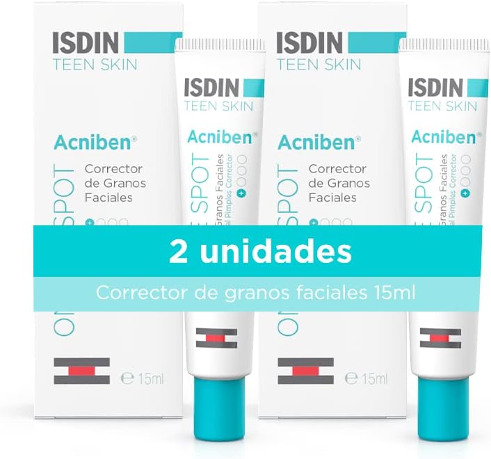 ISDIN ACNIBEN On The Spot, Gel Secante Corrector de Granos Faciales, Disminuye el Enrojecimiento y el Volumen del Grano, con Ácido Salicílico y Niacinamida, Pack de 2 Unidades, 2 x 15 ml