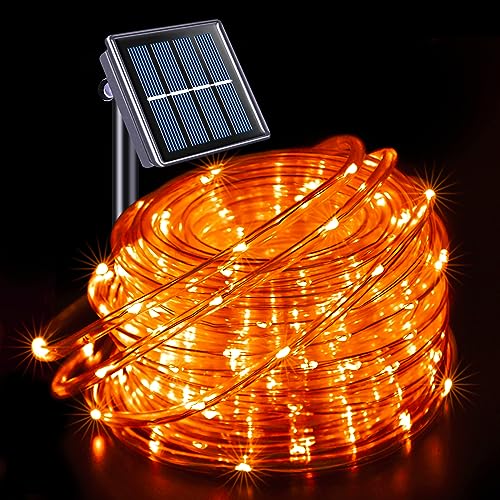 Jmexsuss Orange Halloween Solar Lights, 66 Ft 200 Led Rope Lights Outdoor Waterproof, Pvc Tube Orange Christmas String Lights For Halloween Thanksgiving Fall Party Tree Fence Christmas cover