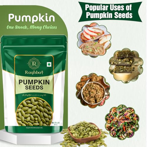 Image of Raghbat Pumpkin Seeds, 500g, Rich in Protein, Dietary Fibre, Magnesium & Phosphorus, Raw & Unroasted Pumpkin Seeds, Source of Iron & Zinc, Handpicked Seeds, Resealable Pack