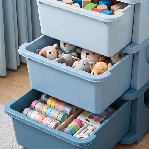 Miniatura 8 de Homcom Torre De Almacenamiento Infantil Con 3 Cajones, Organizador De Juguetes Para Niños De 3 Años, Con Bordes Redondeados Y Asas, Para Guardería, Sala De Juegos, Dormitorio, 37x37x56,5 Cm, Azul