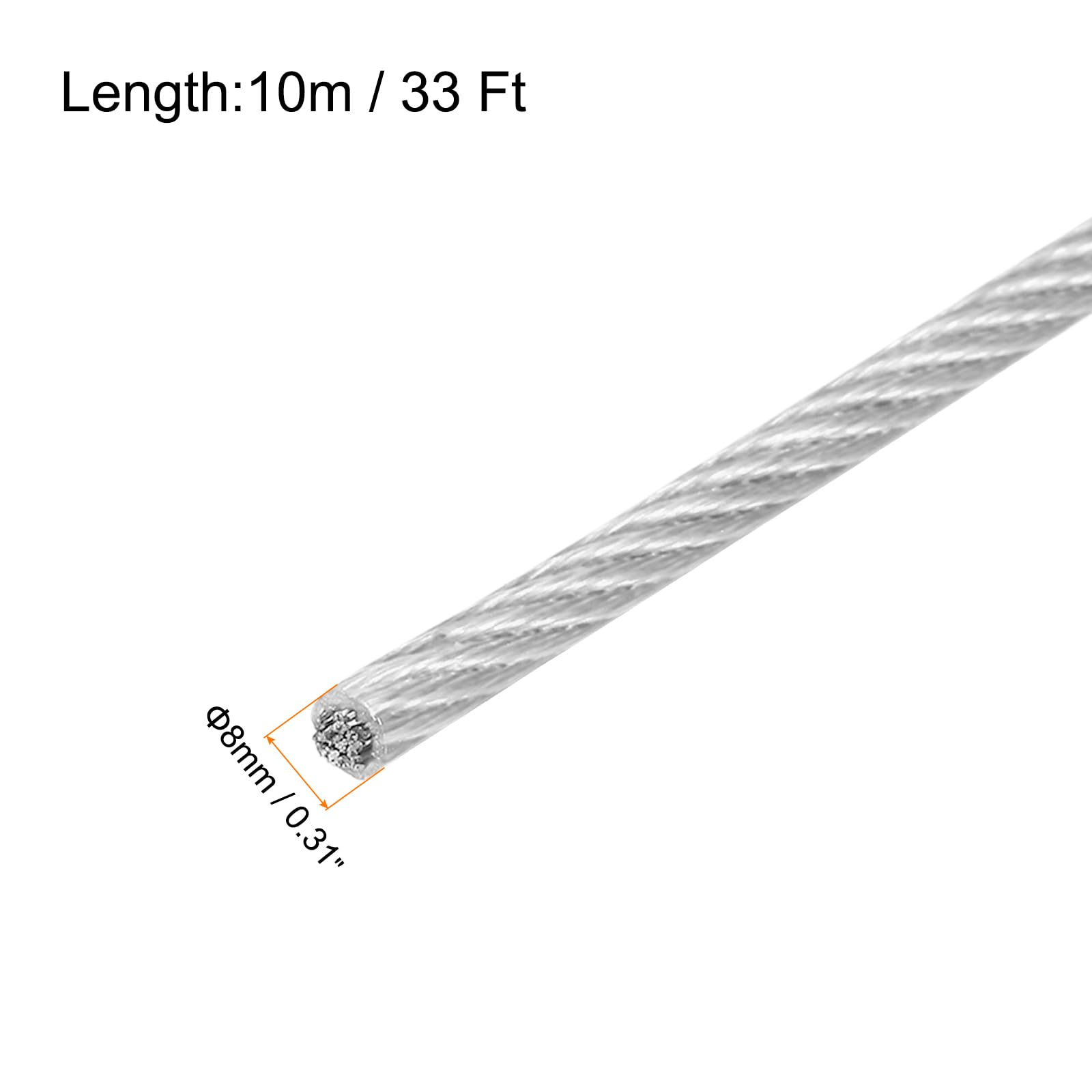 QUARKZMAN 10M x 8mm (33Ft x 5/16") Fune Metallico Cavo Acciaio Inossidabile 304, Tenditore Tirante con 2pz Mandrini a Vite per Appendere Stendibiancheria Sollevamento, Trasparente