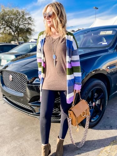 Image of ECOWISH Women Cardigan Sweaters Long Kimono Striped Long Sleeve Open Front Color Block Cozy Knitted Coat Outwear Winter Fall