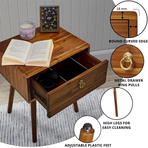Image of Bme Caden Solid Wood Nightstand /Side Table /End Table, Fully Assembled, with 1-Drawer for Mid Century Bedroom and Living Room, Caramel
