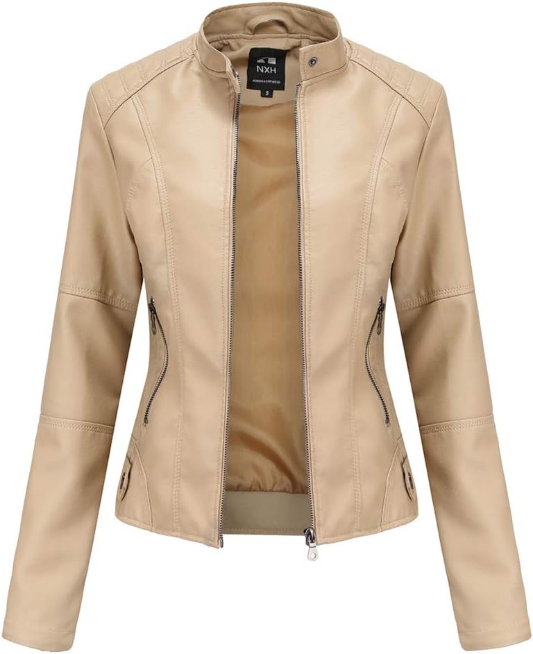 Spring Autumn Women's Classic Leather Jacket,Lightweight Leather Motorcycle Jacket Slim Fit Stand-up Collar Faux Leather Jacket Coat Fashion Short Full Zip Biker Jacket with Pockets