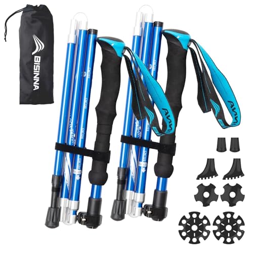 BISINNAトレッキングポール 折畳み 軽量 登山用ストック 2本セット コンパクト アルミ製 長さ調整可能 5段伸縮式 登山 ウォーキング アウトドア ハイキング 遠足 散歩 男女兼用 専用収納袋付き 持ち運びが便利 (115-135cm（ブルー）（Amazon）