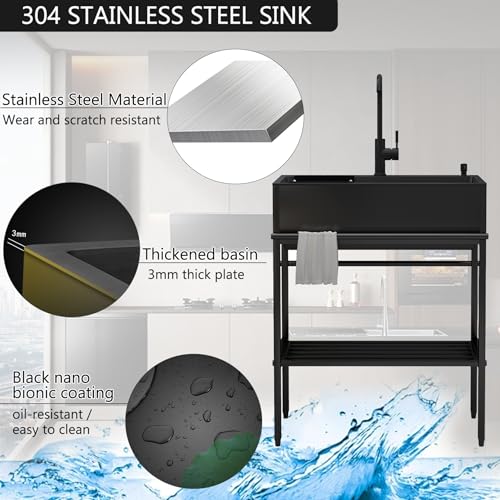 Évier utilitaire noir en inox avec armoire de buanderie complète