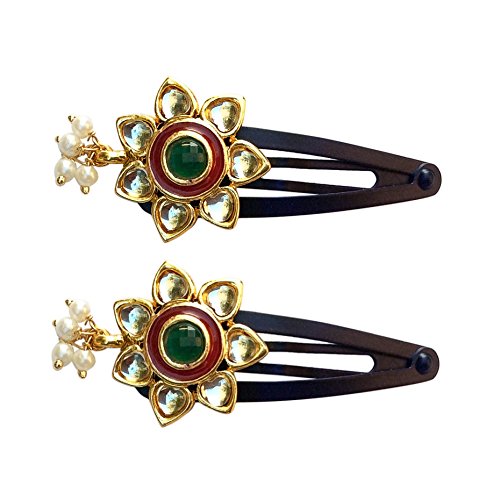 FURE Kundan Flower Snap Hair Clip, Metal