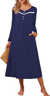 Women's Long Sleeve Nightgown Full Length Pajama Dress with Pockets V Neck Nightshirts Lace Trim Sleepwear