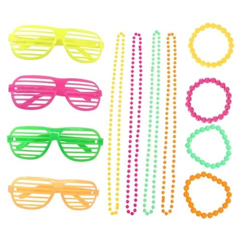 Neon Accessories, 12-Piece 80s Fashion Jewelry Set for Women, Retro Necklace Bracelet and Glasses Cover