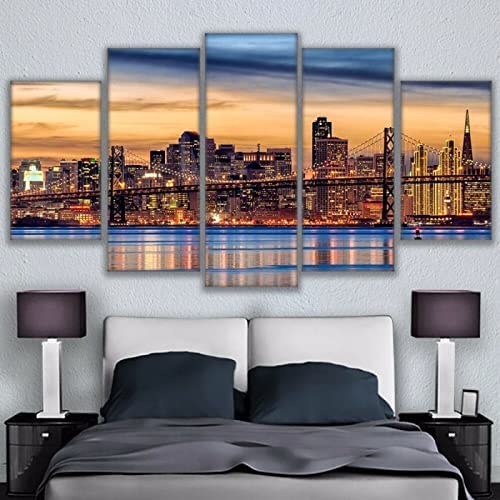 5 Piece Canvas Wall Art Modern 5 Pieces Downtown San Francisco Canvas Home Deco Art Wall Print Modular Picture,Children'S Room Printed Wall Canvas Deco Xxl/200 X 100 Cm For Living Room Hotel Restaura