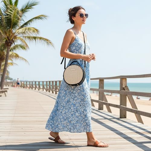 Bolso circular de ratán tejido para mujer, bolso de paja natural con asas de cuero sintético, ligero, ideal para verano, bandolera o tote miniatura 6