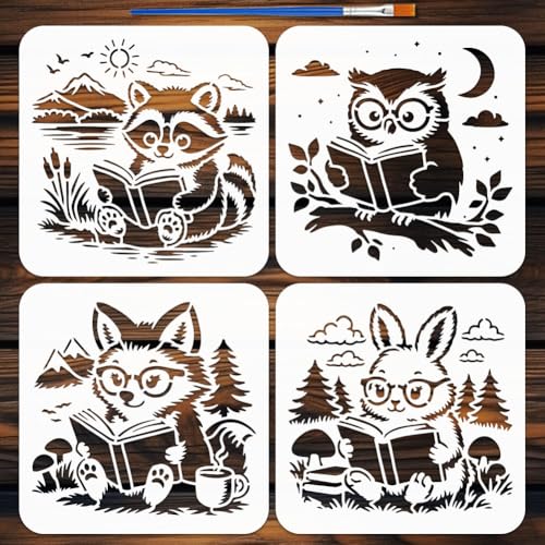 FINGERINSPIRE Juego de 4 páginas para colorear con animales, 20 x 20 cm, plástico, incluye pincel, diseño de mapaches, búhos, zorros, conejos, ideal para decoración de pared DIY