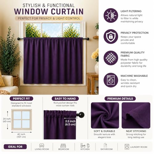 Image of Valance Blackout Rod Pocket Pattern Curtain Pack of 1 Piece, Kitchen Curtain | 3 Feet - Violet