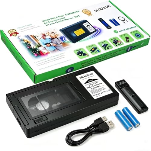 Bingxue 2026 New VHS-C Cassette Adapter Motorized VHS Tape Cassette Adaptor VHS-C to VHS Compatible 12mm with Battery Charger for Video Cassette/VCR Player,Not Compatible with 8mm/MiniDV/Hi8