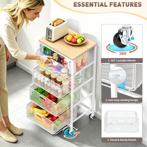 Image of SUNALLY Kitchen Storage Cart with Drawers,Metal Snack Cart Organizer,White | 4-Tier Craft Cart with Lockable Wheels, Wooden Top, Rolling Storage Drawer Carts for Snacks,Beauty,Craft,Art,Makeup,School