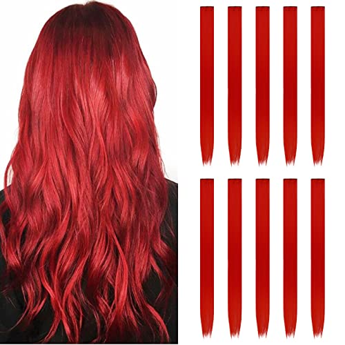 Colored Hair Extensions, 10 Pcs Red Hair Extensions 22 Inch Party Highlights Rainbow Clip in Synthetic Hairpiece for Women Kids Girls Halloween Christmas Cosplay