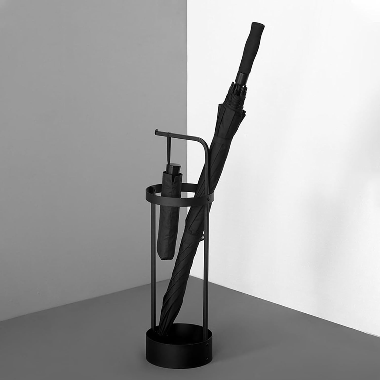 Umbrella Stand, Metal Umbrella Rack with Hooks and Drip Tray, Open Design, Entryway Umbrella Holder for Canes Walking Sticks