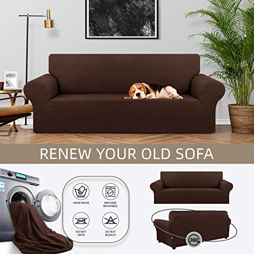 KEKUOU Stretch Sofa Cover Slipcover ,Couch Covers for 3 Cushion Couch Sofa pet Friendly (78"-94") Furniture Protector Sofa with Elastic Bottom for Kids,Dog, Jacquard Small Checked(Large,Chocolate)