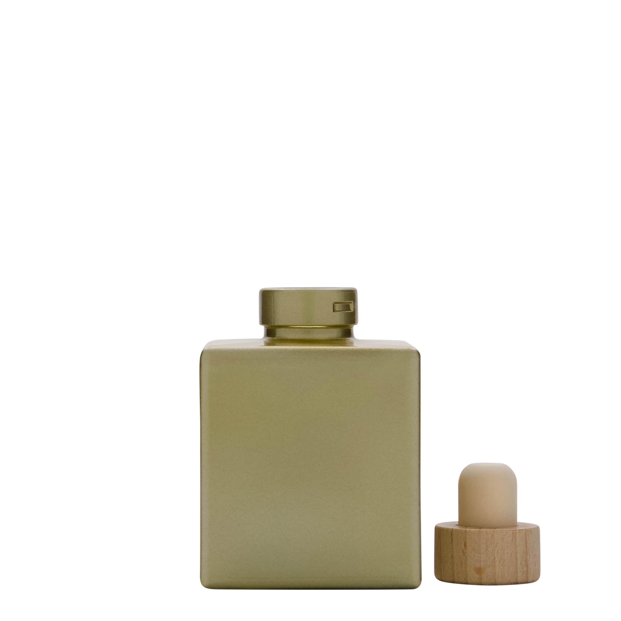 Zestaw 24 szklanych butelek Cube 100 ml kwadratowe złote matowe z drewnianym korkiem