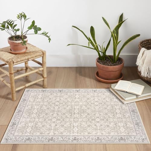 SIILOOM 2x3 Washable Rug Soft Area Rug for Entryway, Grey Begie Non-Slip Indoor Door Mat Distressed Floral Low-Pile Kitchen Rugs, Neutral Vintage Carpet for Entrance Kitchen Bedside Farmhouse by SIILOOM - Used condition - Image 2