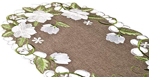 Beautiful White Magnolia Floral Design And Green Leaves Embroidered Cutwork Edges On Brown Polyester Linen, Table Runner, Table Centerpiece, Dresser Scarf, Coffee Table Runner, Scarf (14Wx51.5L) #TOP5
