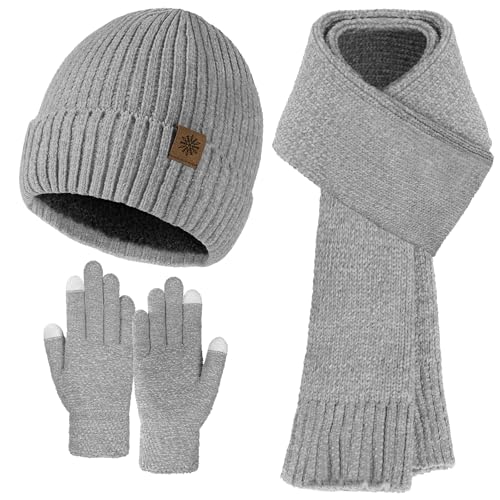 Pleneal Winter Hat Gloves Scarf Set for Women Men, Warm Lining Beanie Hats Touchscreen Gloves Thick Soft Scarf, Grey