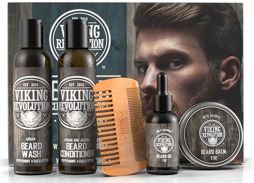 VIKING REVOLUTION - Beard Conditioner Kit - Beard Grooming Kit For Men - Softens, Smoothes & Soothes - With Beard Wash & Conditioner, Beard Oil, Beard Balm and Beard Comb