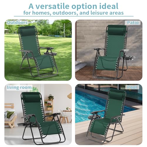 Zero Gravity Chair Set of 2, Folding Reclining zero gravity recliner lounge Chair 330lbs with Pillow and Cup Holder Trays, Steel Mesh outdoor recliners for patio Poolside Backyard Beach (Forest Green)