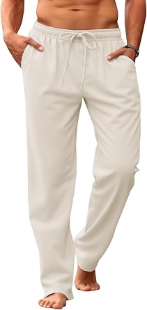 Makkrom Mens Casual Pants Drawstring Elastic Waist Lightweight Linen Pants Loose Fit Summer Beach Yoga Trousers