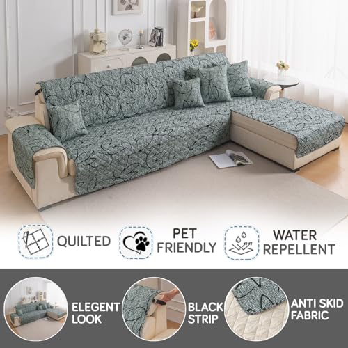 Image of HOKIPO 'Elira Series' Printed Quilted One-Piece L Shape 4 Seater (2+2) Sofa Cover with Right Chaise | Anti-Slip Design, Intense Grey Abstract Floral (AR-6228-C2)